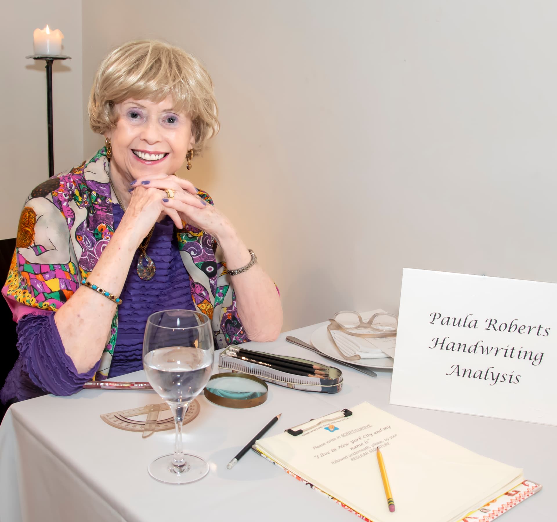 Paula Roberts at a private handwriting analysis engagement